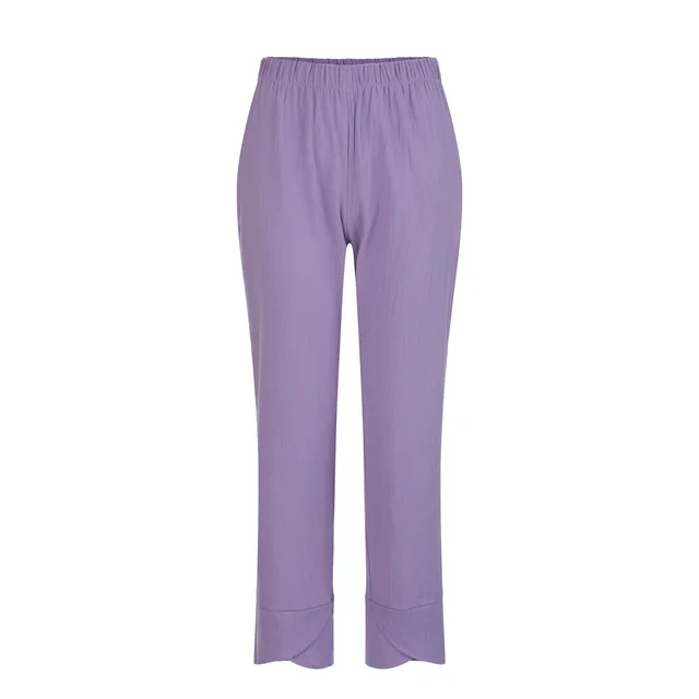 Cotton Sack Trousers With Loose Solid Color Elastic Waist And Side Pockets Purple - Shop at LoveMi