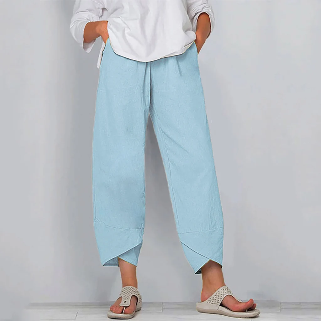 Cotton Sack Trousers With Loose Solid Color Elastic Waist And Side Pockets - Sky Blue