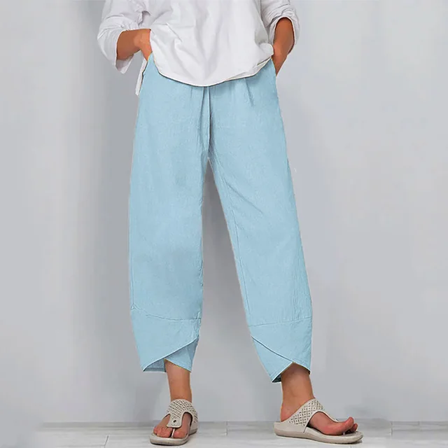 Cotton Sack Trousers With Loose Solid Color Elastic Waist And Side Pockets Sky Blue - Shop at LoveMi