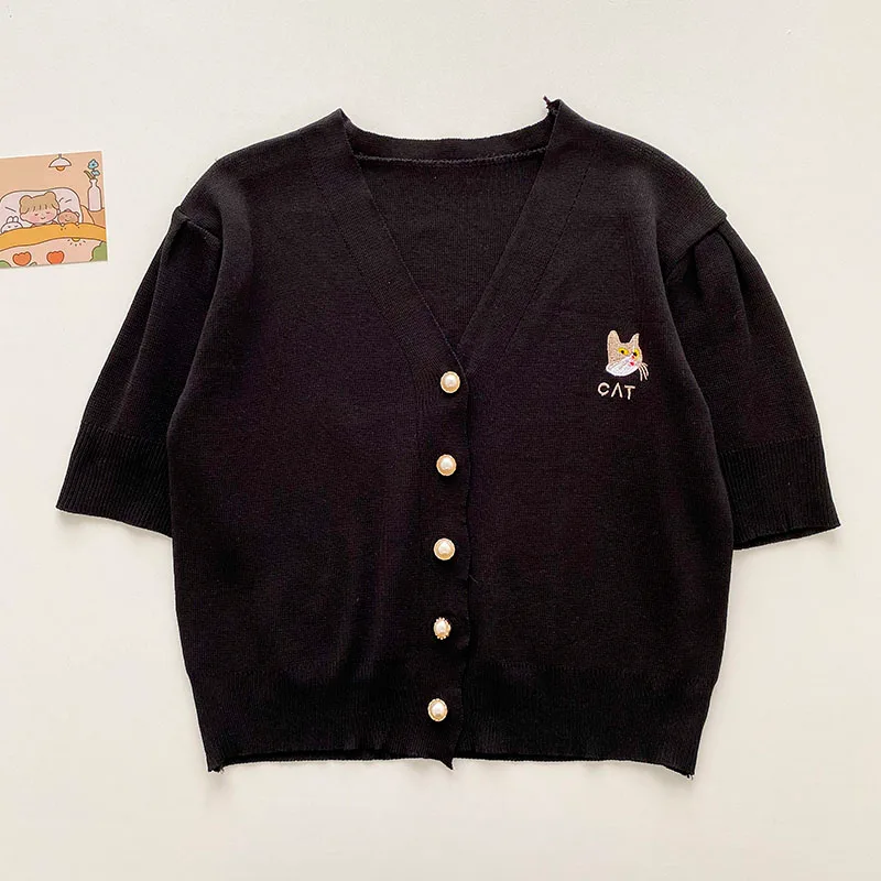 Korean Style Cat Embroidery Design Temperament V-neck Cardigan Top - Black