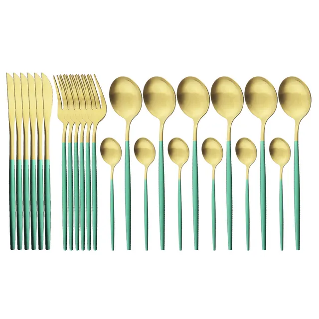 Matte Portuguese Stainless Steel Cutlery Spoon Western Steak Cutlery Dessert Spoon Fork Green Gold - Shop at LoveMi
