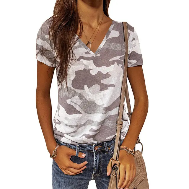 Fashion Slim Pullover Leopard Print V neck Short Sleeve Top Grey - Shop at LoveMi