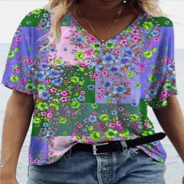Women's Casual Floral Print V neck Short sleeved T shirt - Shop at LoveMi