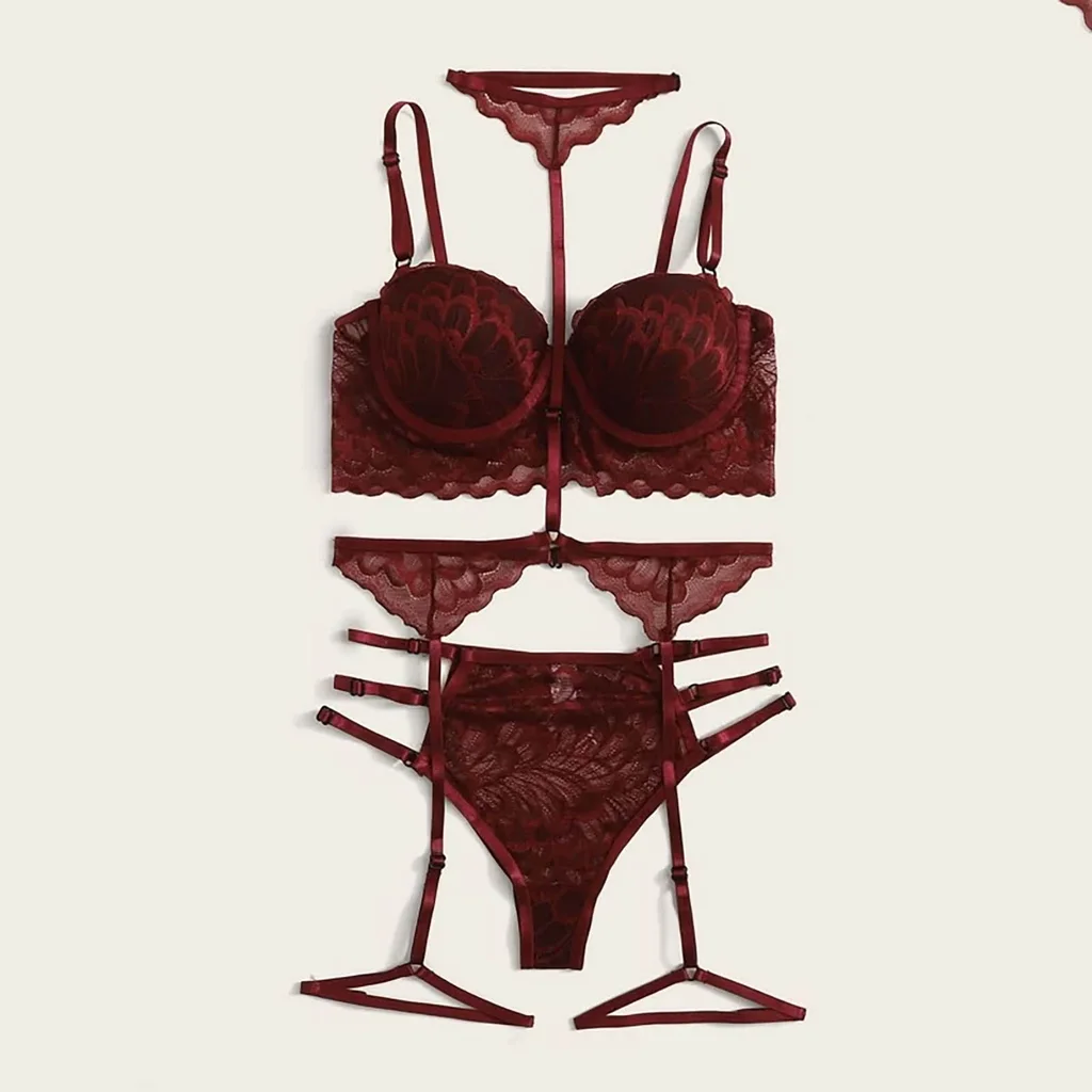 Ladies Sexy Suspenders Sequined Silver Silk Nightdress Sexy Lingerie - Wine Red