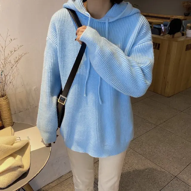 Hooded Sweater Bright Color Spring Loose Sweater Wind Pit Streaks Blue - Shop at LoveMi