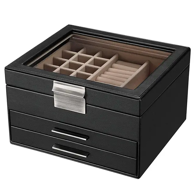 Leather Three layer Double Drawer Ring Box Display Box Jewelry Storage Box Black - Shop at LoveMi