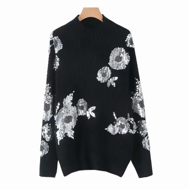 Turtleneck Loose Sequin Flower Pattern Knit Long Sleeve Black Sweater Black - Shop at LoveMi