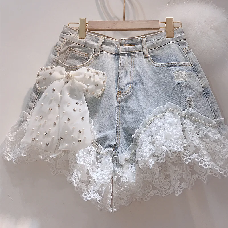 High-waisted Shorts With Diamond Korean Jeans - Sky Blue