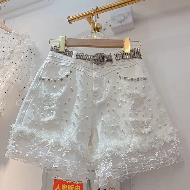 High waisted Shorts With Diamond Korean Jeans White - Shop at LoveMi