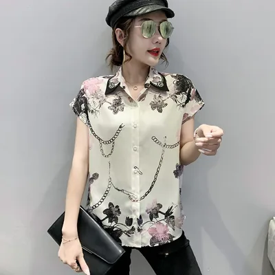 Entertainment Graphic Print Lapel Chiffon Shirt Green - Shop at LoveMi