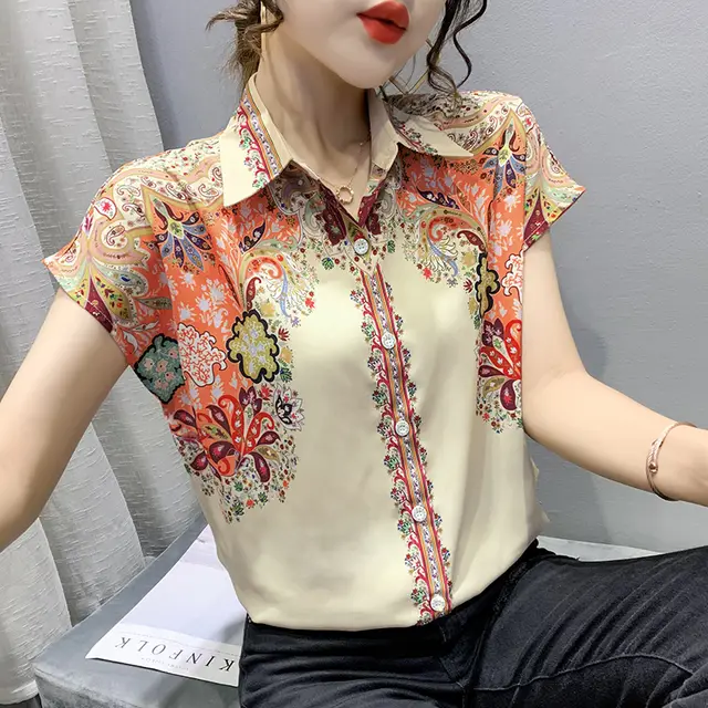 Entertainment Graphic Print Lapel Chiffon Shirt Yellow - Shop at LoveMi
