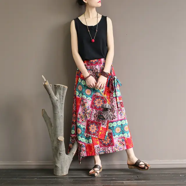 One Piece Lace Skirt Female Original Large Size Irregular Retro Printed A line Cotton And Linen Long Skirt Red - Shop at LoveMi