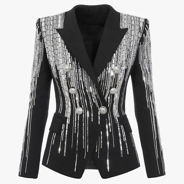 Beaded Silver Lion Head Buckle Double breasted Slim fit Suit Black - Shop at LoveMi