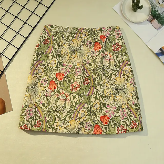Embossed Jacquard A line Short Skirt Summer High Waist Slimming Anti glare Skirt Green - Shop at LoveMi