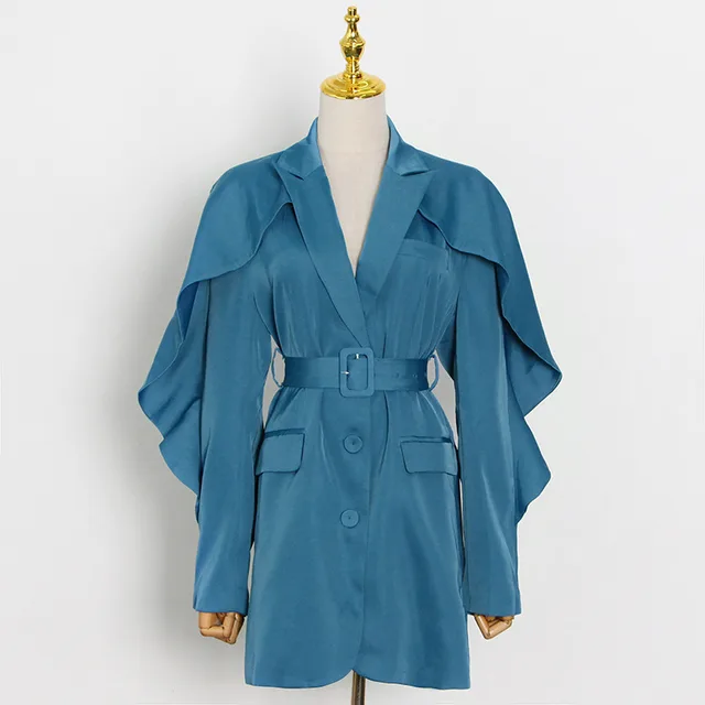 Irregular Ruffled Solid Color Jacket With Receiving Waist Belt Blue - Shop at LoveMi