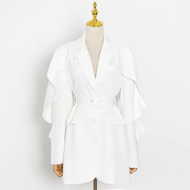 Irregular Ruffled Solid Color Jacket With Receiving Waist Belt White - Shop at LoveMi