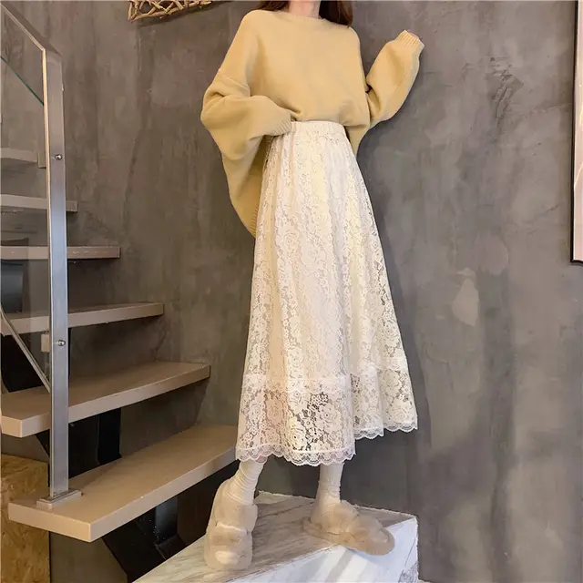 Half length Skirt Female Spring And Autumn A line High Waist Design Niche Long Skirt White Lace Small Man Apricot - Shop at LoveMi