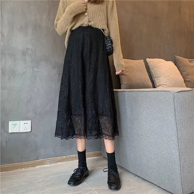 Half length Skirt Female Spring And Autumn A line High Waist Design Niche Long Skirt White Lace Small Man Black - Shop at LoveMi