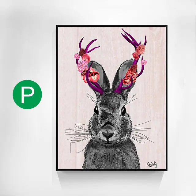 Rabbit Dama Elk With Colorful Flowers Canvas Painting Porch Room Decoration P - Shop at LoveMi