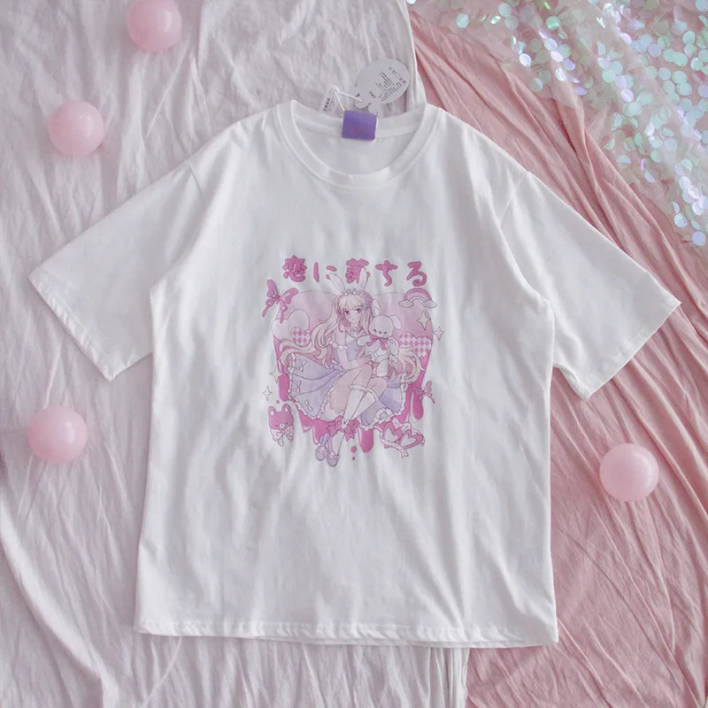 Printed Short sleeved T shirt Girly Summer Japanese College Style Dark Soft Girl Loose Top White - Shop at LoveMi