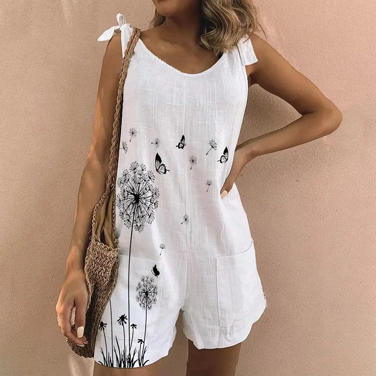New Printed Cotton And Linen Slub Loose Style Jumpsuit - Dandelion