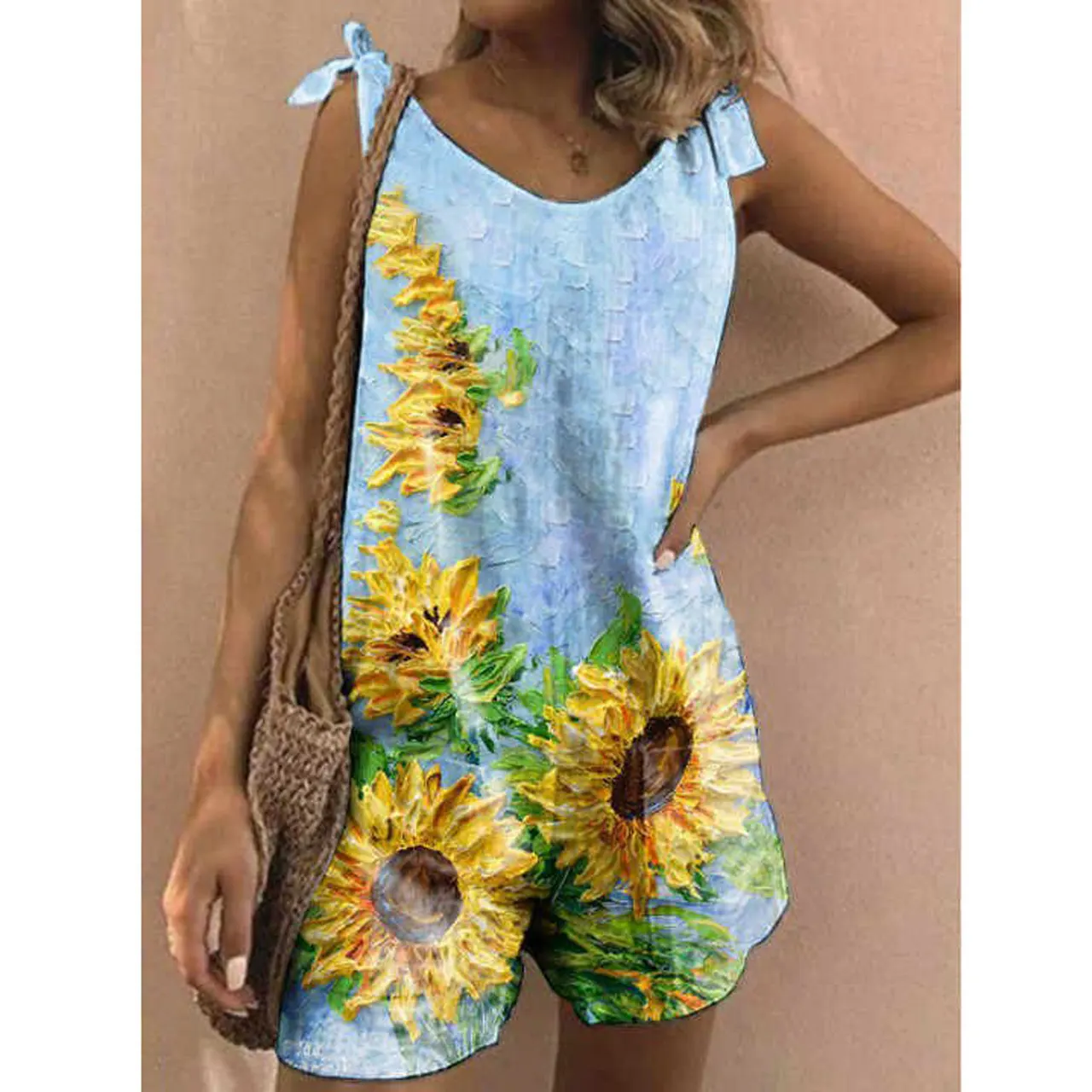 New Printed Cotton And Linen Slub Loose Style Jumpsuit - Sunflower