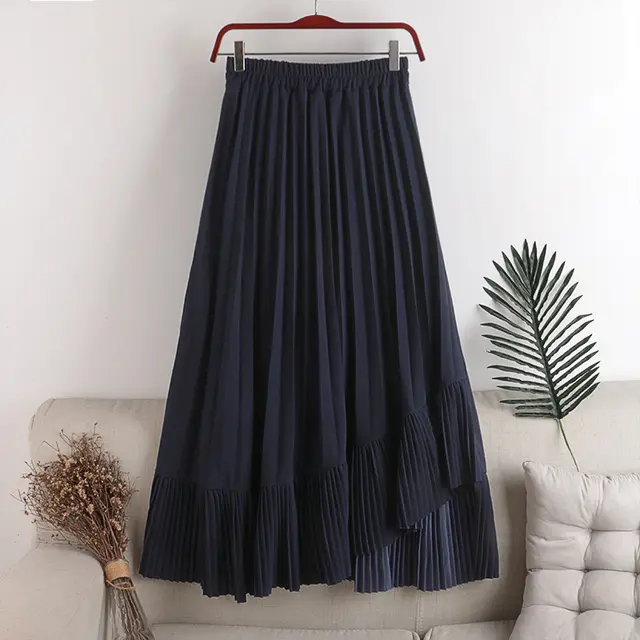 High Waist Elastic Waist Big Pleated Pleated Stitching Asymmetrical Hem Skirt Women Dark Blue - Shop at LoveMi