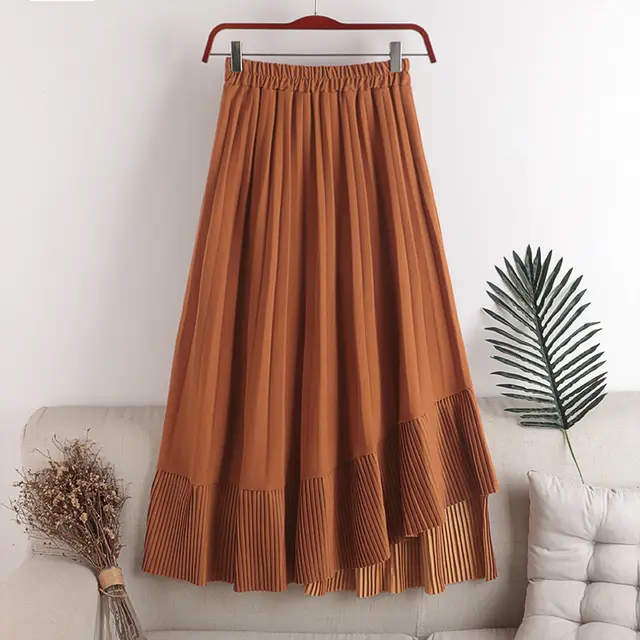 High Waist Elastic Waist Big Pleated Pleated Stitching Asymmetrical Hem Skirt Women Orange Red - Shop at LoveMi