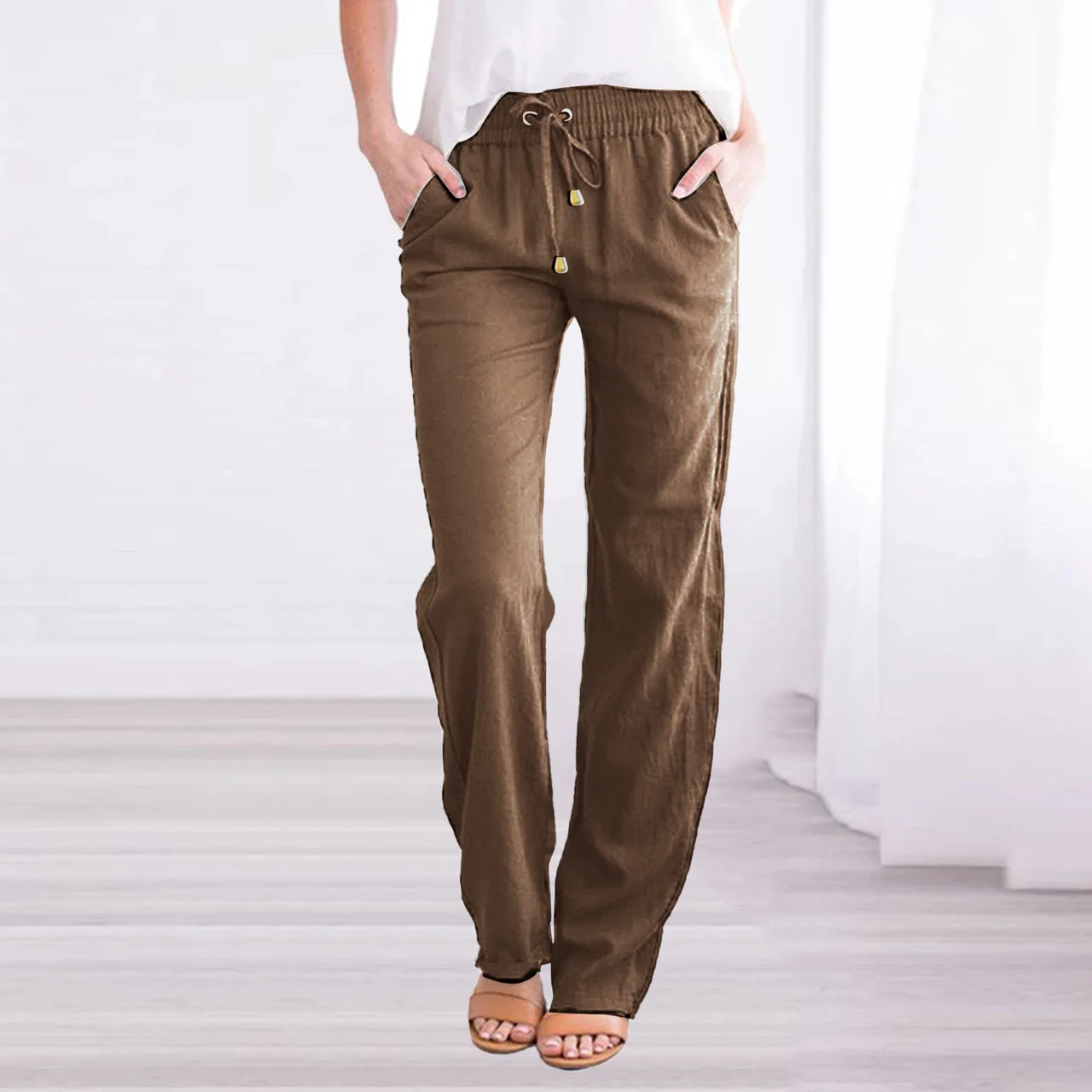 Solid Color Tied Wide Loose Fashion Casual Wide-leg Trousers Women - Brown