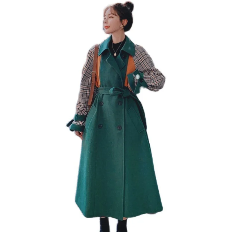 Korean Version Of Loose Plaid Stitching Dark Green Woolen Coat Mid-length - Green
