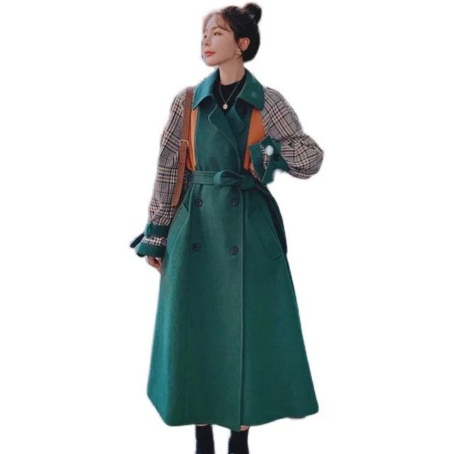 Korean Version Of Loose Plaid Stitching Dark Green Woolen Coat Mid length Green - Shop at LoveMi