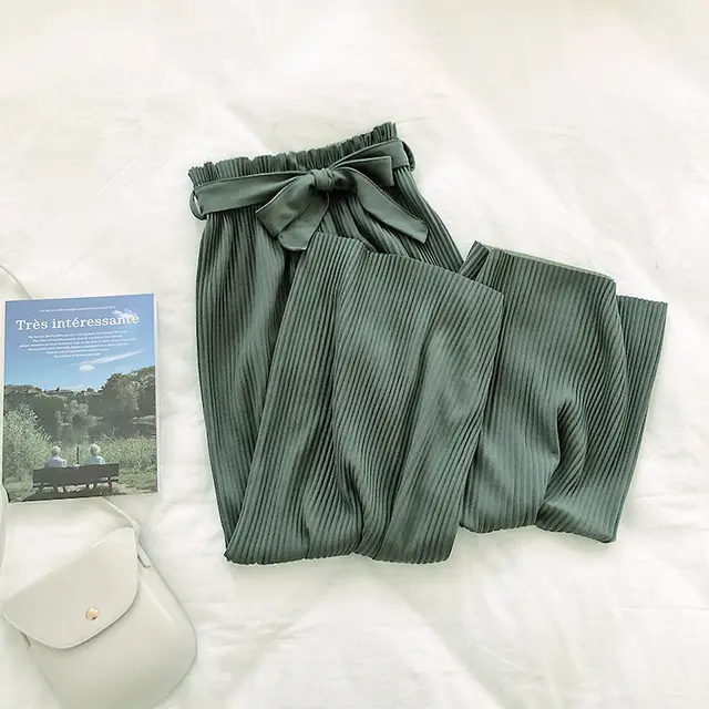 Solid Color Pleated Wide leg Pants Women Loose Casual Drape Straight leg Cropped Trousers Pea Green Color - Shop at LoveMi