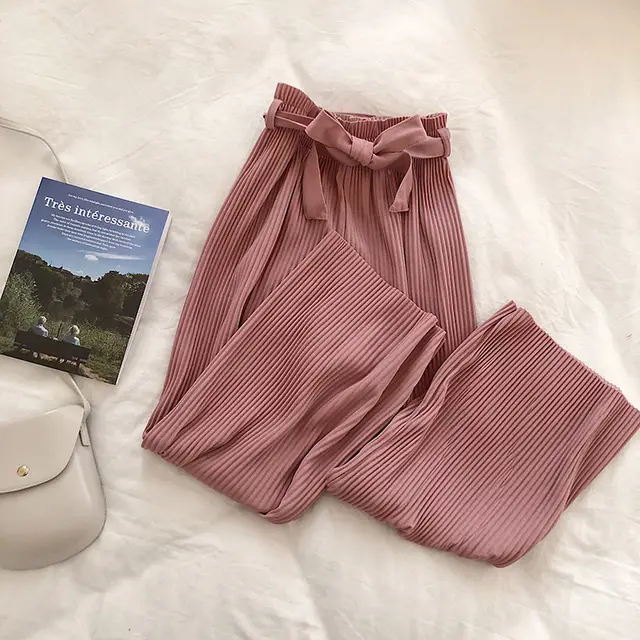 Solid Color Pleated Wide leg Pants Women Loose Casual Drape Straight leg Cropped Trousers Pink - Shop at LoveMi