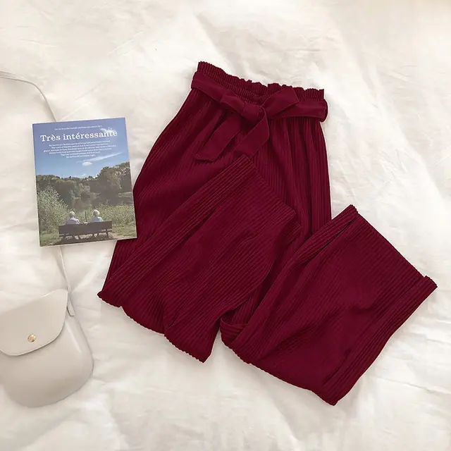 Solid Color Pleated Wide leg Pants Women Loose Casual Drape Straight leg Cropped Trousers Wine Red - Shop at LoveMi