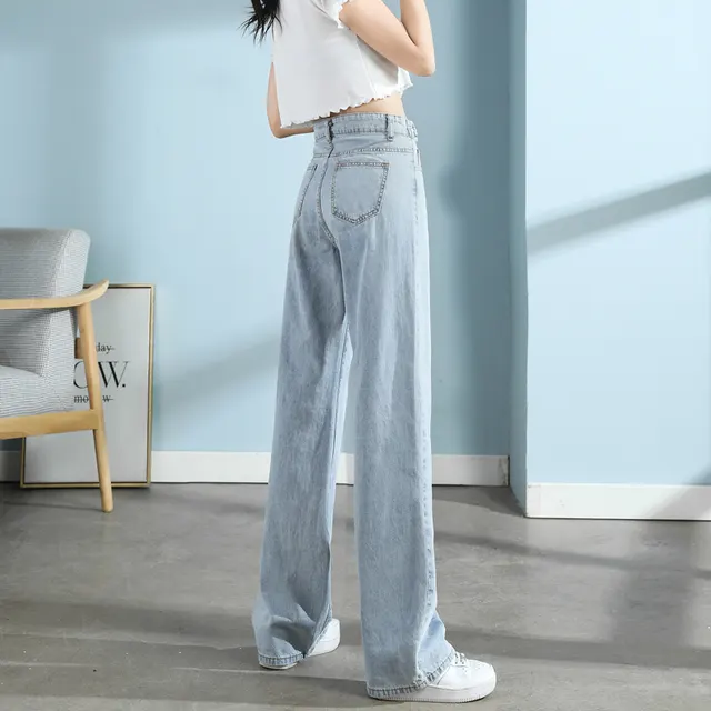 Women's Wide leg Jeans High waisted Straight Loose Drape Mopping Pants Light Blue Cropped Trousers - Shop at LoveMi