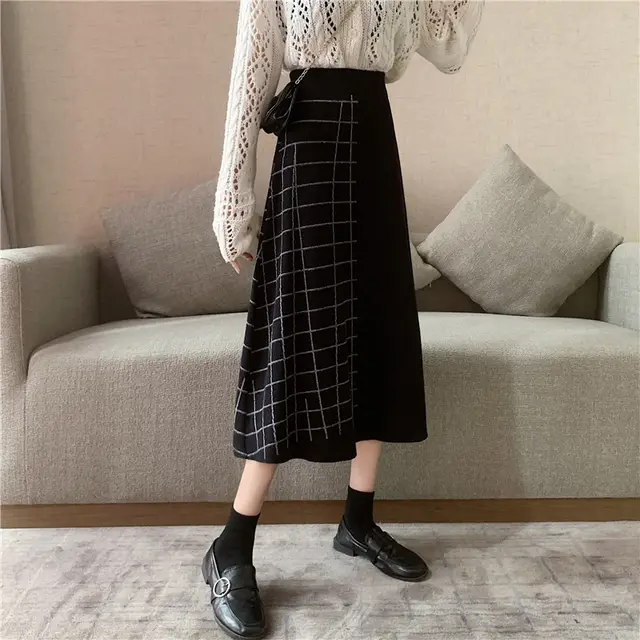 Women's Knitted Black High Waist A line Umbrella Skirt Black - Shop at LoveMi