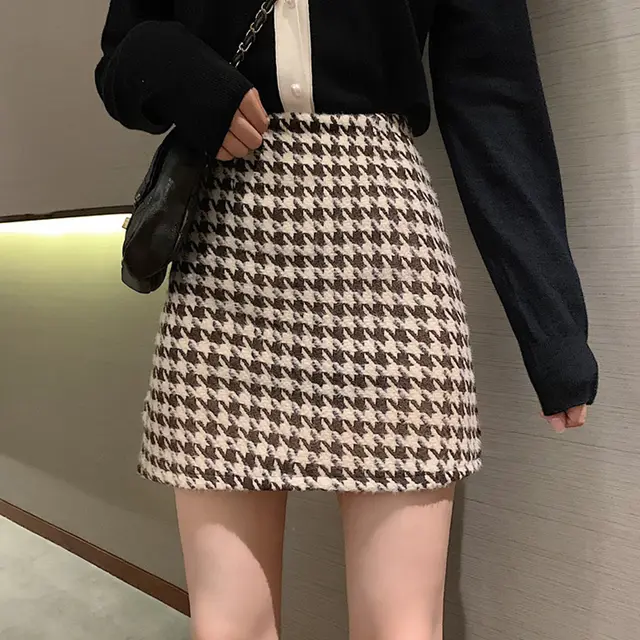 Houndstooth Check Woolen Skirt Women's Short Skirt All match A line Woolen Skirt Khaki - Shop at LoveMi