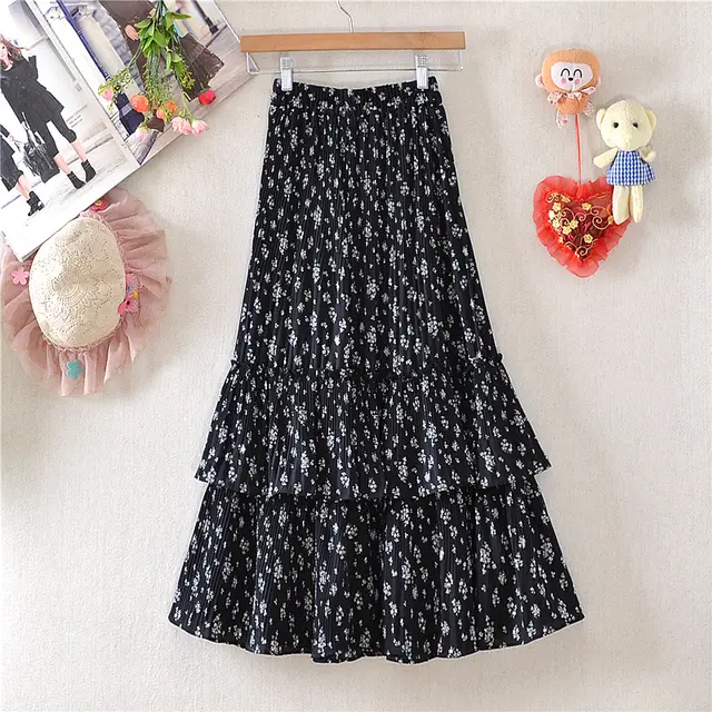 Little Daisy Skirt Women's Mid length Floral Chiffon Skirt Cake Skirt Black - Shop at LoveMi