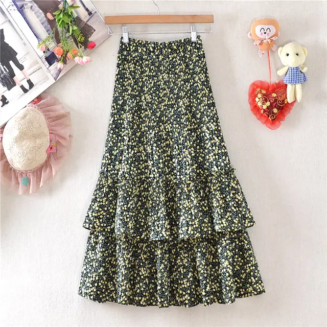 Little Daisy Skirt Women's Mid length Floral Chiffon Skirt Cake Skirt Green - Shop at LoveMi