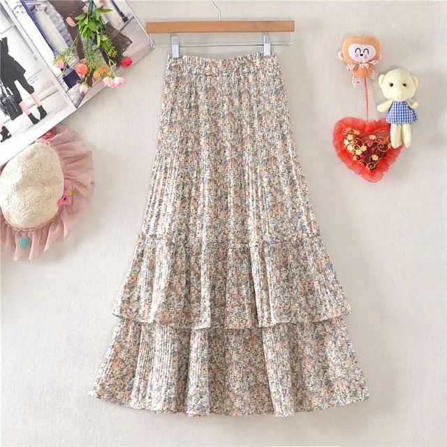 Little Daisy Skirt Women's Mid length Floral Chiffon Skirt Cake Skirt Small Blue Floral - Shop at LoveMi