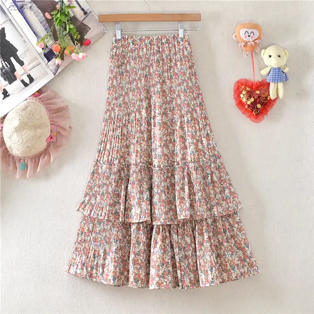 Little Daisy Skirt Women's Mid length Floral Chiffon Skirt Cake Skirt Small Red Floral - Shop at LoveMi