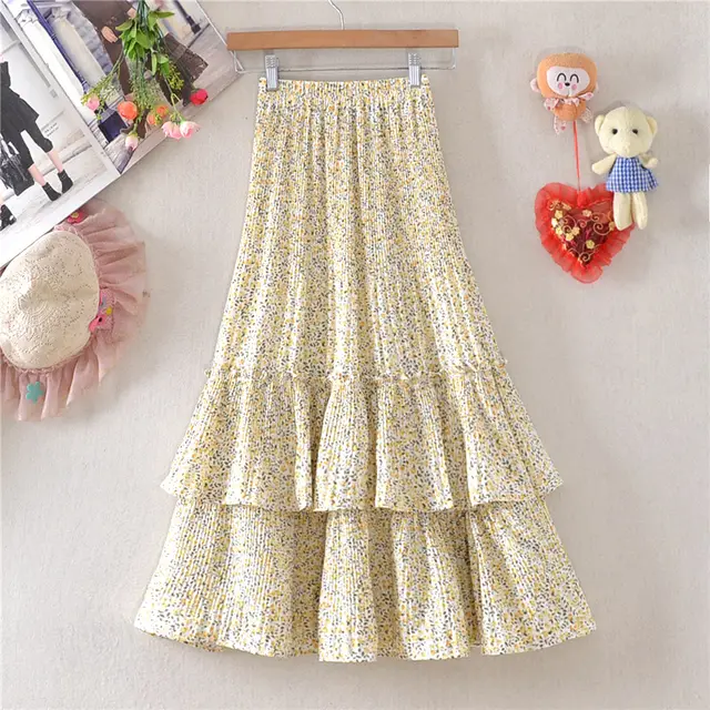 Little Daisy Skirt Women's Mid length Floral Chiffon Skirt Cake Skirt Small Yellow Floral - Shop at LoveMi