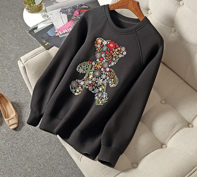 Embroidered Bear Space Cotton Sweater Women Black - Shop at LoveMi