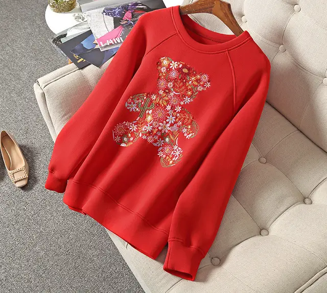 Embroidered Bear Space Cotton Sweater Women Red - Shop at LoveMi