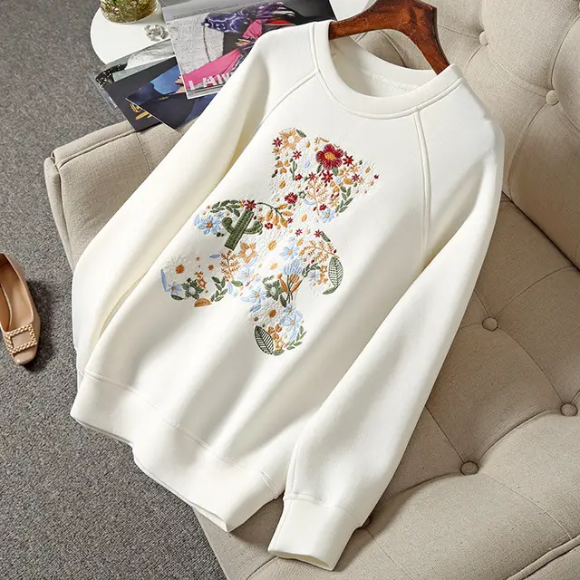 Embroidered Bear Space Cotton Sweater Women White - Shop at LoveMi