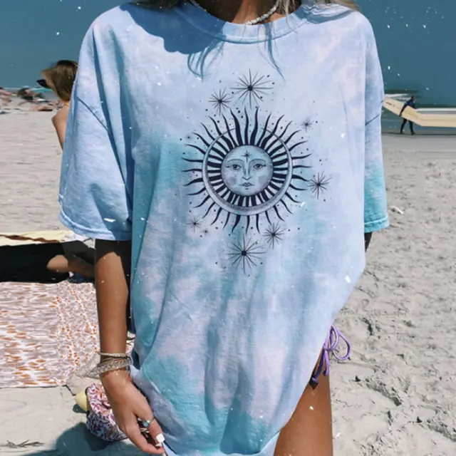 Casual Round Neck Short Sleeve Printed Tie dye Pullover Women's T shirt Blue D - Shop at LoveMi