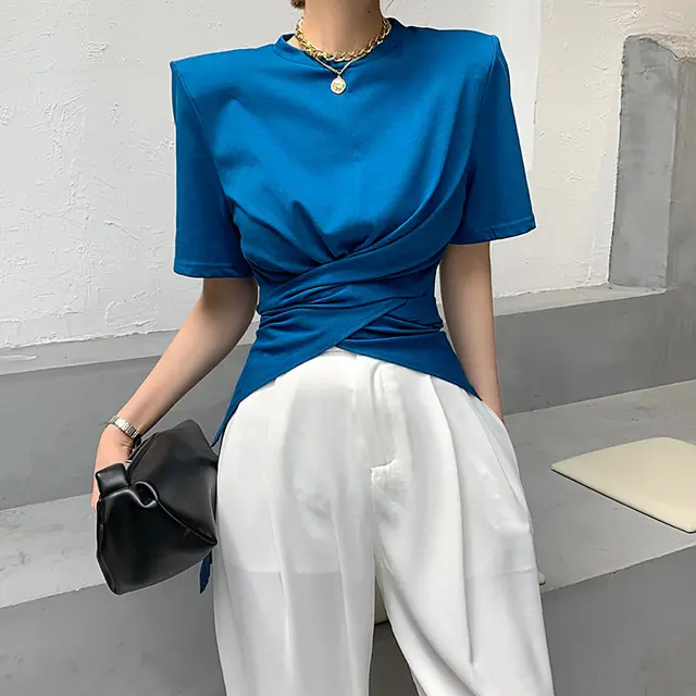 Women's Cross Irregular Design Sense Blouse Color Blue - Shop at LoveMi