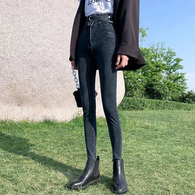 Thin skinny high waist black pencil long pants with small feet Blue Grey Nine Points - Shop at LoveMi
