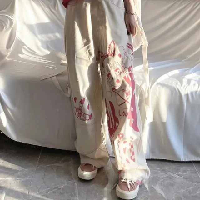 Graffiti Wide leg Pants Printed Pattern Loose Straight leg Trousers Beige - Shop at LoveMi