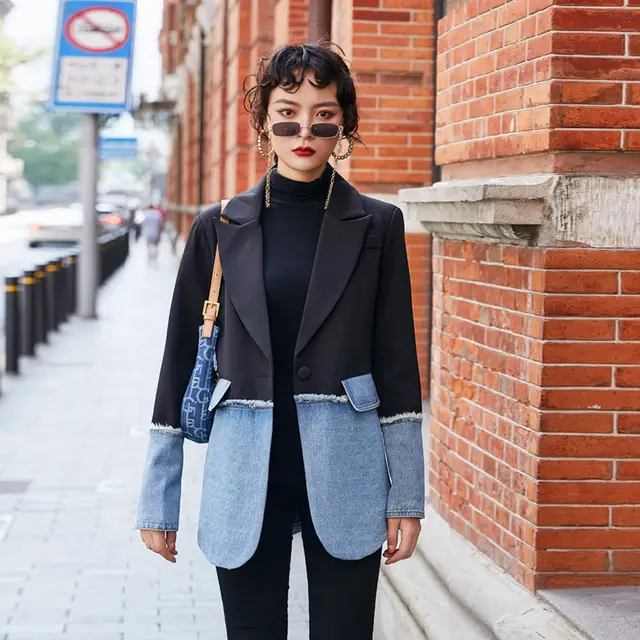 Denim Stitching Early Spring Suit Jacket Black - Shop at LoveMi